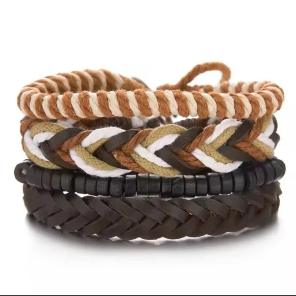4pc Men's Leather Bracelets Set Braided Layered Brown New‎ f95