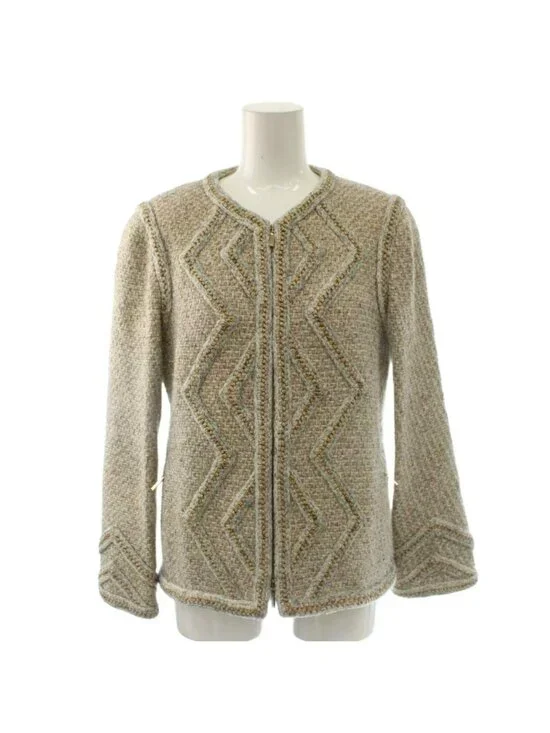 Chanel Color Tweed Jacket Outer Zip Up Wool 36 Light Gray Gold