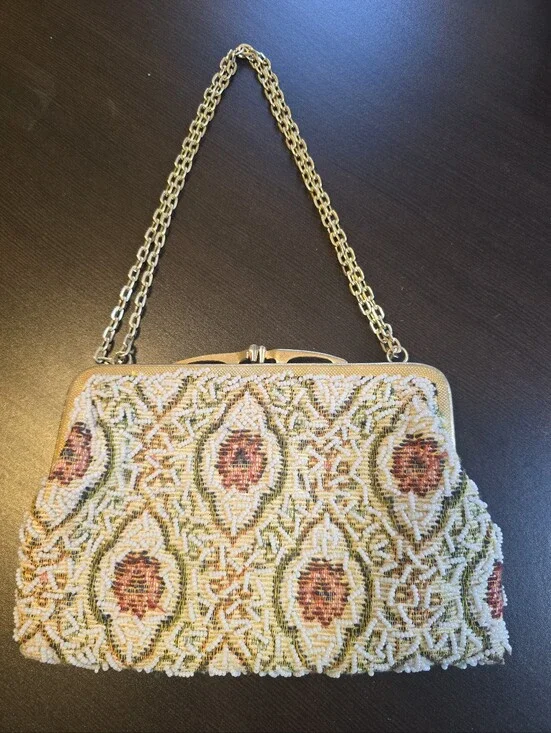 Vintage Clutch Shoulder Purse Bag Made In Hong Kong Tan Burgundy Beaded