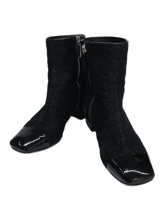 Chanel Square Toe Side Zip Chunky Heels Glitter Boots 37 1 2C