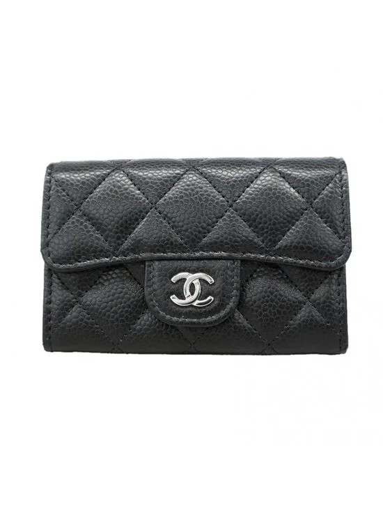 Chanel Card Case Quilted Caviar Leather Black Silver