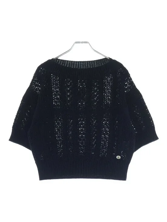 Chanel CC Logo Crochet Short Sleeve Knit Sweater Black