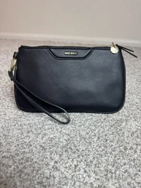 Nine West Black Vegan Leather Wristlet Clutch Bag Gold Hardware Minimalist Chic
