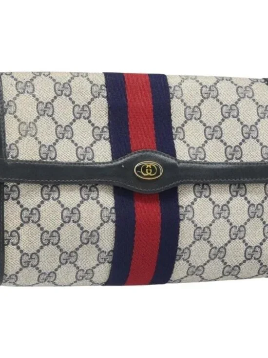 GUCCI GG Supreme Sherry Line Clutch Bag PVC Navy Gold 010 378 Auth BA10399