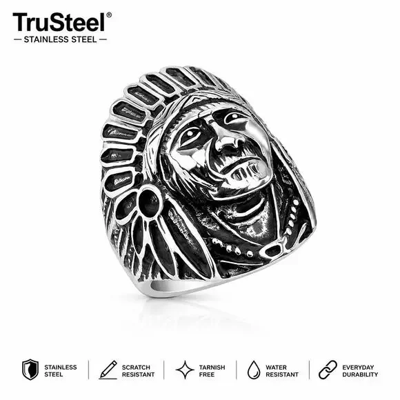 316L stainless‎ steel silver Indian skull biker gothic ring size 10