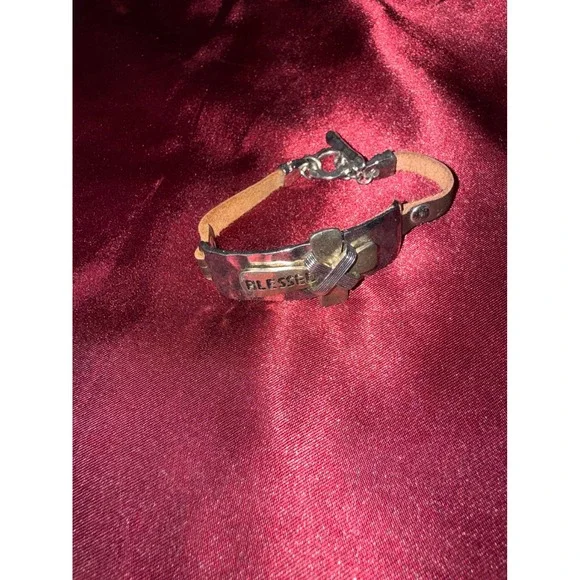 Blessed Cross Leather Toggle Bracelet Silver Tone Religious Faith Jewelry