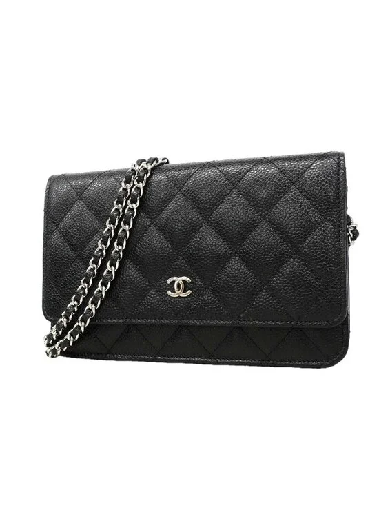 Chanel Shoulder Wallet Quilted Caviar Leather Black Silver