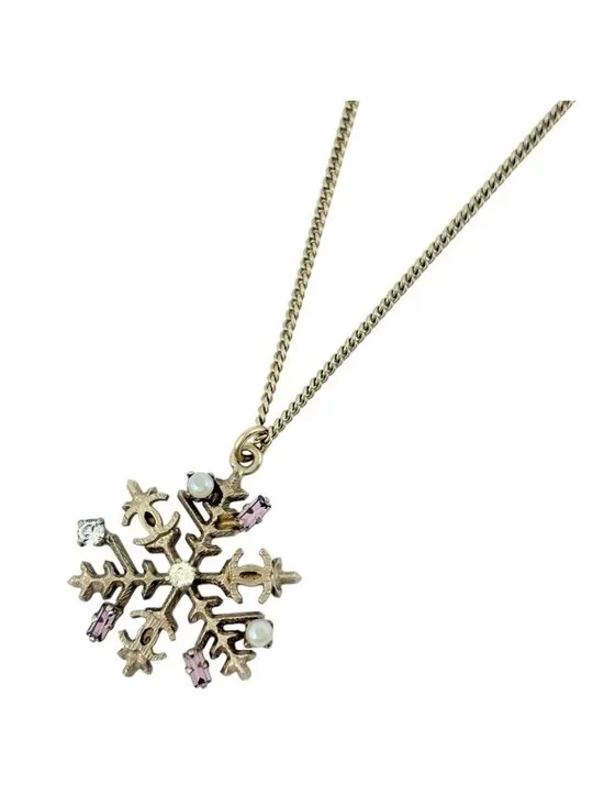 Chanel CC Logo Rhinestone Necklace Snowflake Faux Pearl Gold
