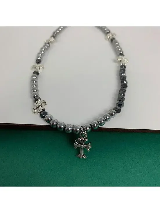 Cyber y2k 2000s style grunge chrome pearl rhinestone silver cross pendant Cuban