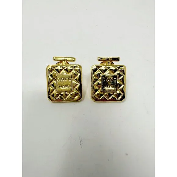 Chanel Coco Logo Vintage Perfume Parfum Bottle Large Gold Metal Clip On Earrings