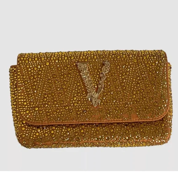 Versace Women's Gold Virtus Mini Embellished V Logo Shoulder Bag Clutch Sac