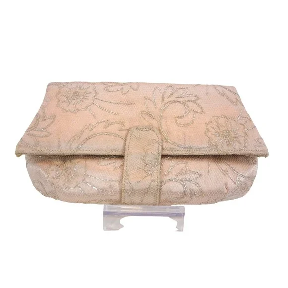 Clutch Bag Soft‎ Pink Floral Mesh Metallic Silver Thread Evening Bag