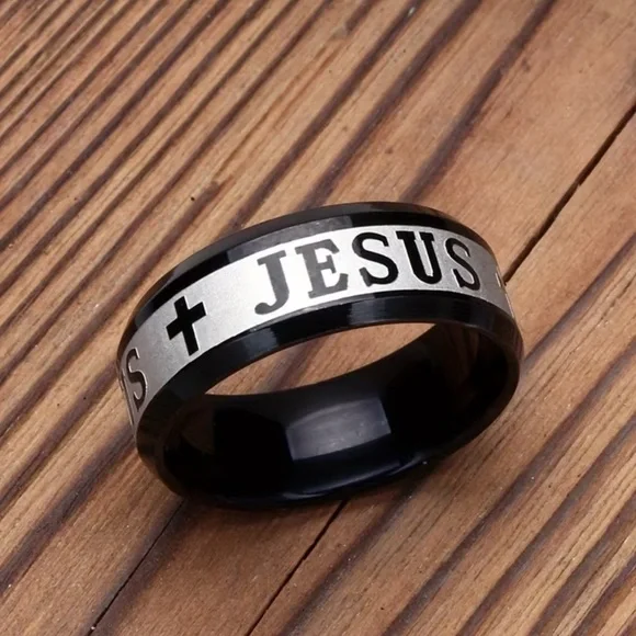 Black Stainless and Silver Color Jesus Cross Ring Size 9