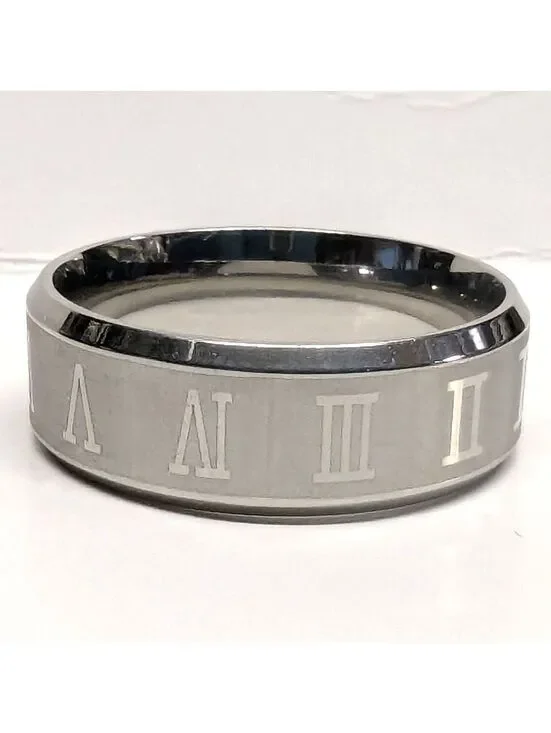 New Roman Numeral Band Ring Unisex Size 11 Silver Tone Stainless Steel Flat Edge