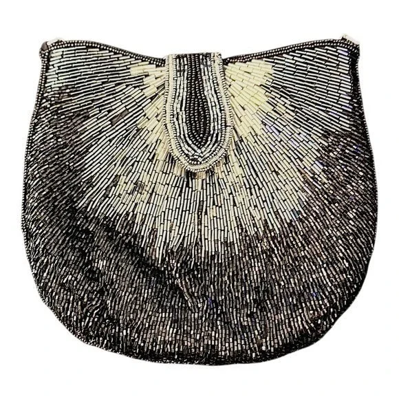 Vintage‎ Beaded Evening Bag OS Black Silver Gold Art Deco Sunburst Clutch