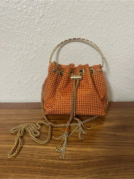 Orange Crystal-Embellished Bucket Bag with Gold Chain Handle