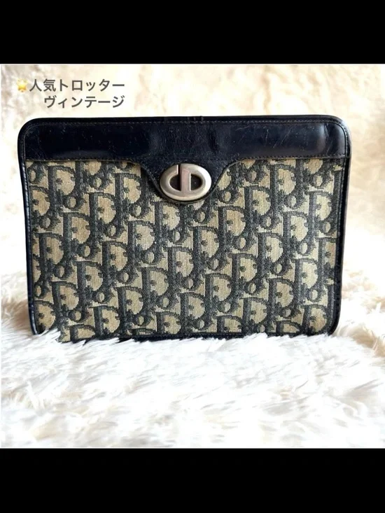 Dior Navy Canvas and Black Leather Clutch