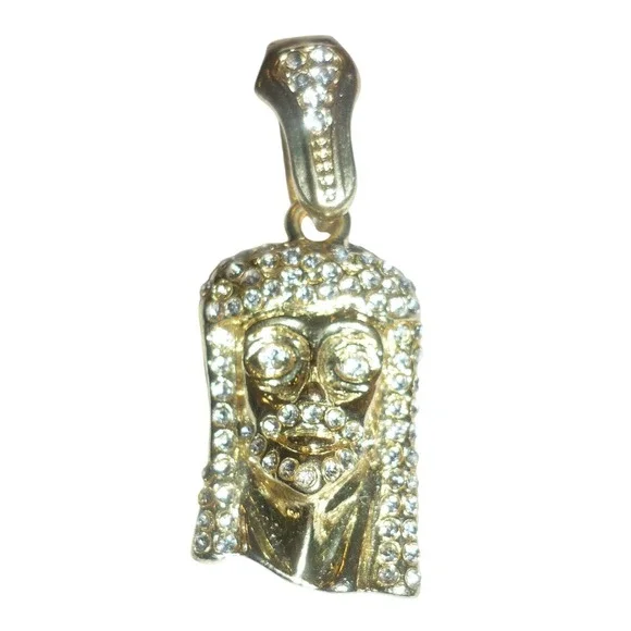 Gold Tone Iced Out Jesus Piece Pendant Rhinestone Religious Hip‎ Hop Charm 1.5in