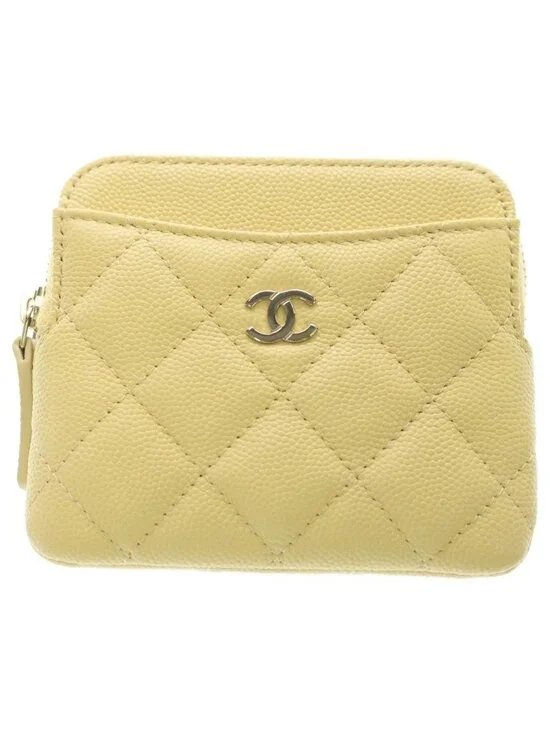 Chanel Quilted CC Logo Zip Coin Purse Caviar Leather Gold Yellow