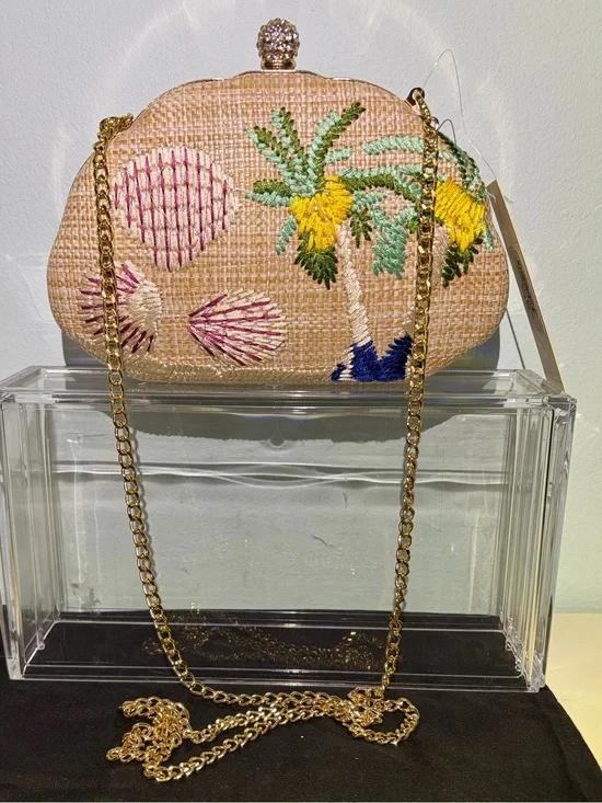 NWT Prezzo Embroidered Palm Woven Clutch With Chain or Beaded Removable Strap