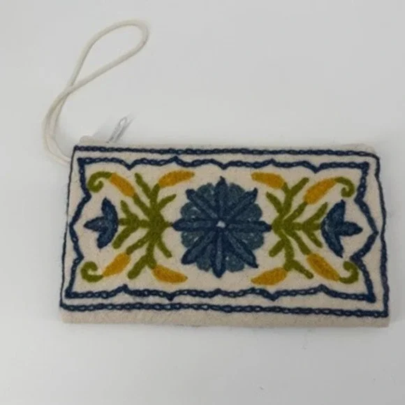 Hand Embroidered Clutch Pouch Floral Boho Blue Green Yellow Cream Wristlet India