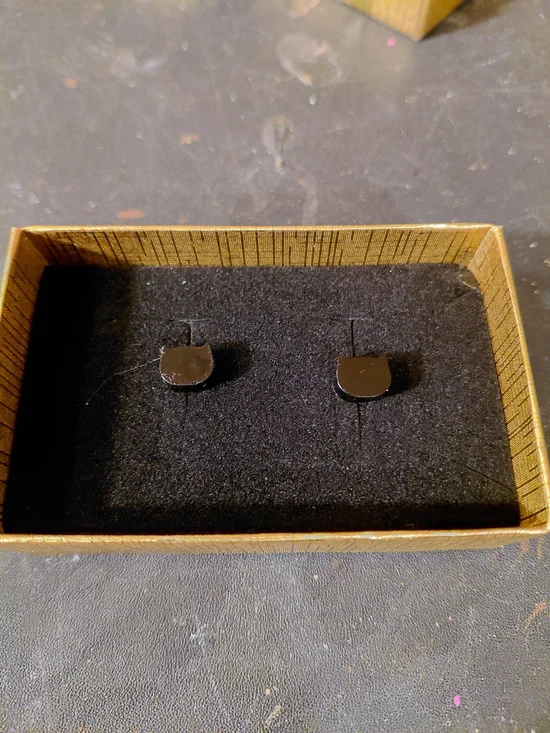 Men's Black Cat Head Stud Earrings - Minimal Matte Black
