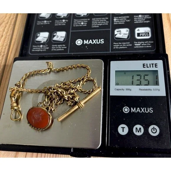 Antique Victorian Gold Filled Carnelian Intaglio Watch Fob Pendant Necklace 13+G