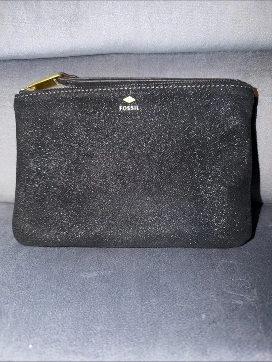 Fossil Black Leather Shimmery Suede Zippered Wristlet SL6818