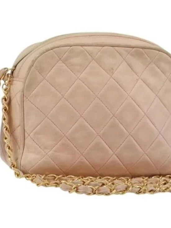 CHANEL Chain Shoulder Bag Lamb Skin Beige Gold CC Auth 184126