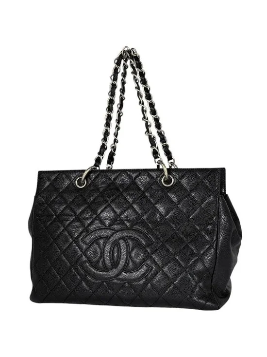 Chanel CC Logo Chain Tote Quilted Caviar Leather Black
