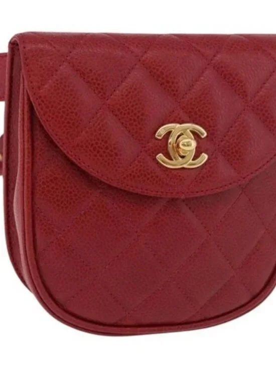 CHANEL Waist bag Grained Calf Skin Red Gold CC Auth 183792V