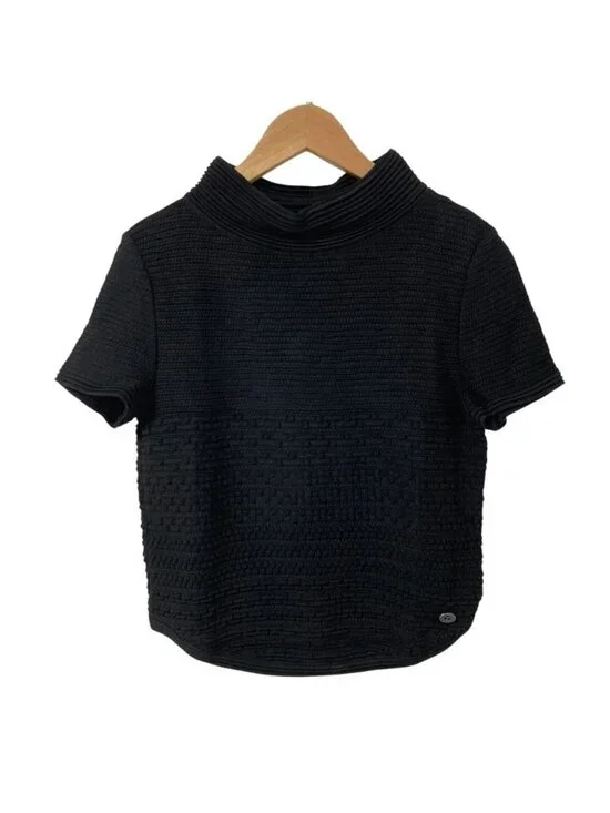 Chanel CC Logo Plate Bottleneck Short Sleeve Knit Top 36 Black Sweater