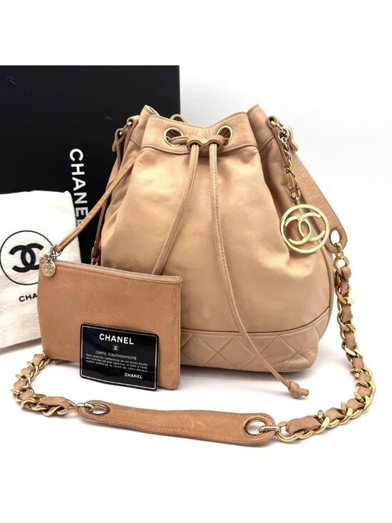 Chanel CC Logo Lambskin Drawstring Shoulder Bag Beige Flesh
