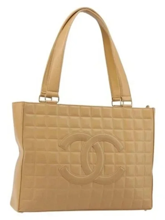 CHANEL Choco Bar Tote Bag Lamb Skin Beige Gold CC Auth BA13309