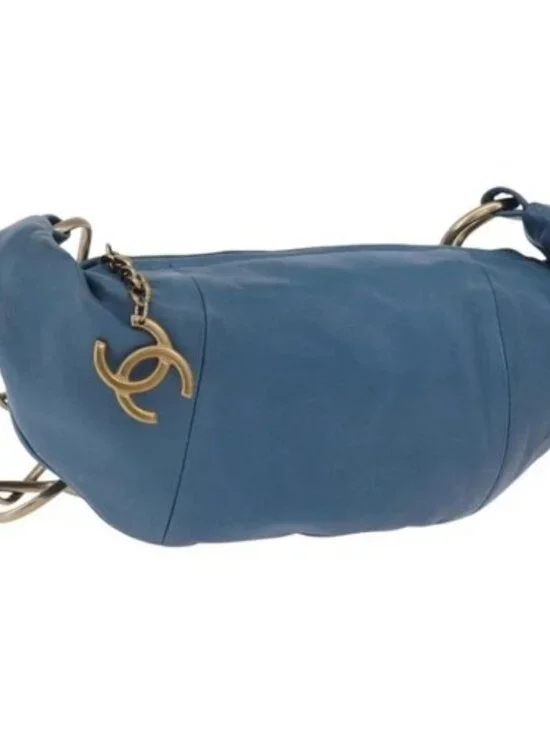 CHANEL Chain Shoulder Bag Lamb Skin Blue Gold CC Auth 185410SAM