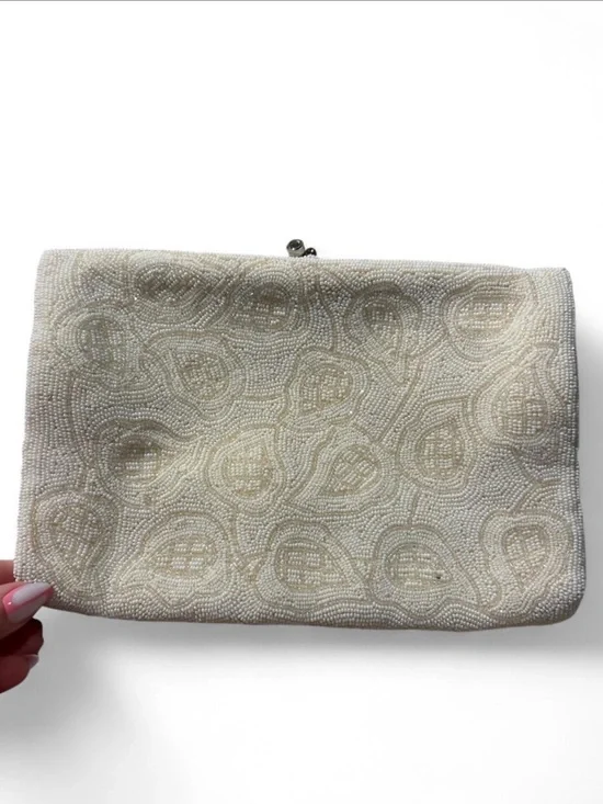 Vintage 1950s Cream Beaded Clutch Jeweled Clasp Paisley Evening Bag Bridal
