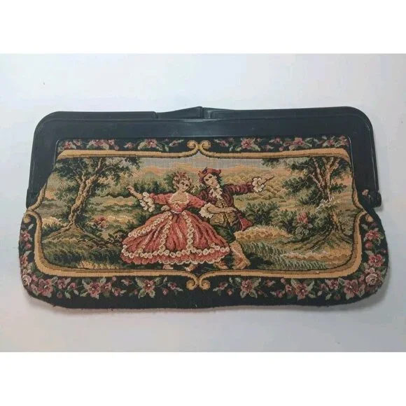 Vtg Handbag Needlepoint Tapestry Courting Couple Gold Black Damascene Clutch