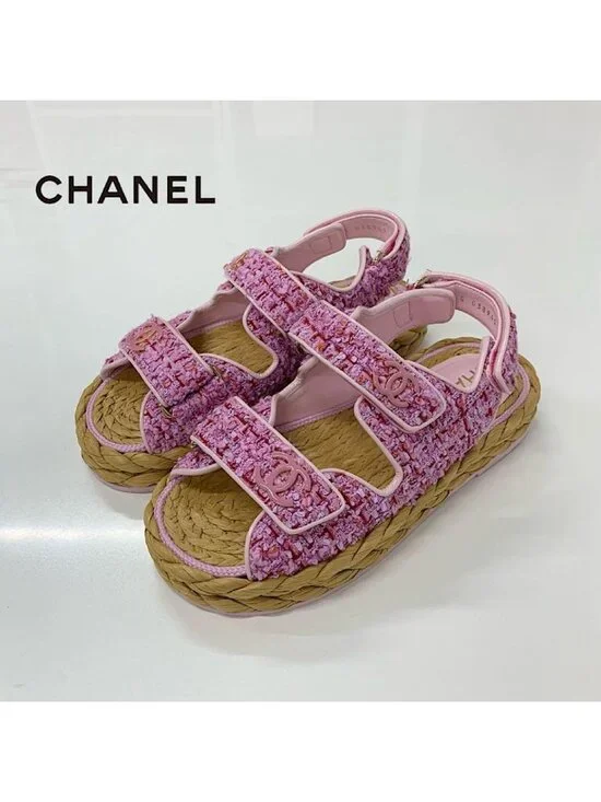 Chanel Tweed Patent CC Logo Velcro Sandals Pink