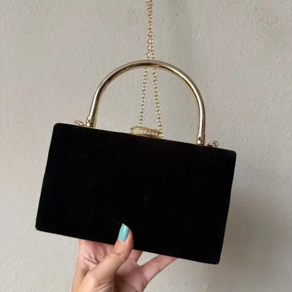 House of Harlow 1960 Black Velvet Gold Chain Box Clutch