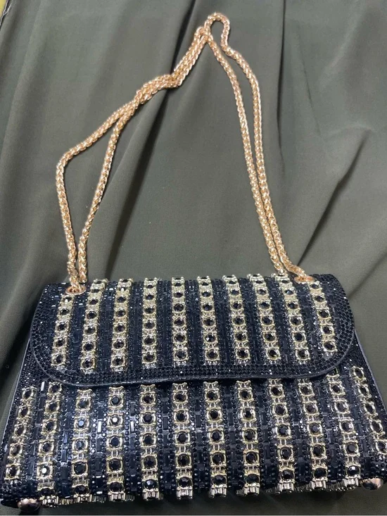 Embellished Navy Chain-Handle Evening Bag