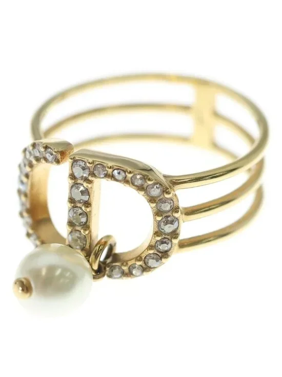 Dior CD Logo Rhinestone Faux Pearl Ring L Gold