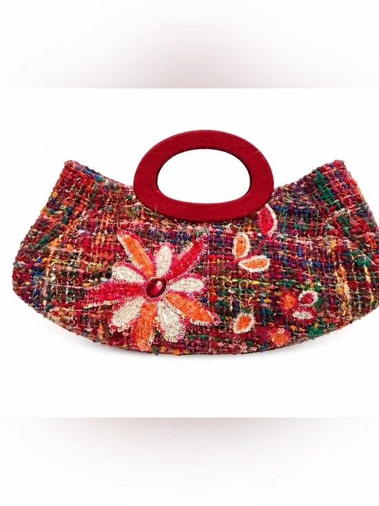 Handcrafted Multicolor Crochet Clutch with Red Handle