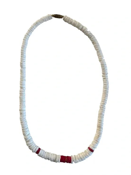 White Beaded Necklace with Red Accent - Women's Jewelry