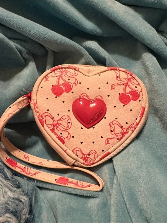 Betsey Johnson Pink Heart-Shaped Wristlet with Red Heart Accent