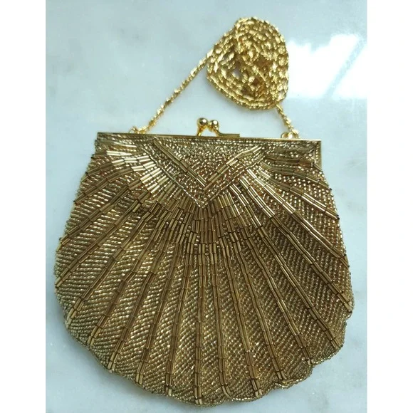 VTG Exquisite Valerie Stevens Beaded Evening Bag Gold Glam Party Shell Clutch