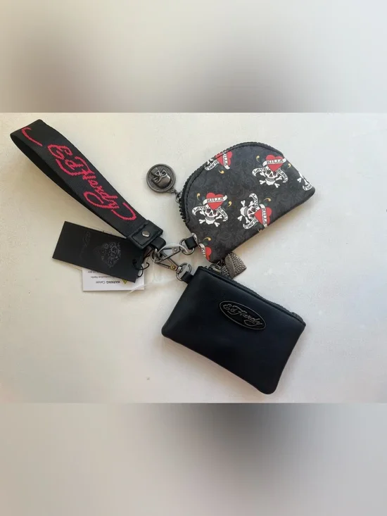 Ed Hardy Black & Skull Coin/Card Pouch Wristlet Keychain Pouch Set