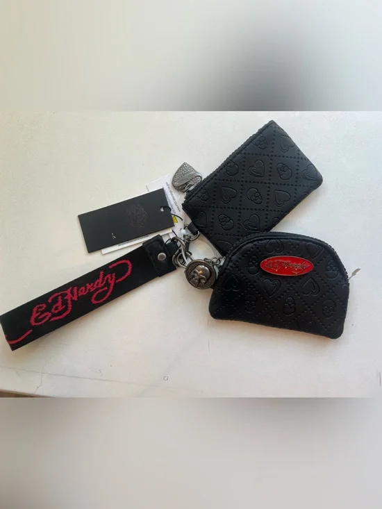Ed Hardy Black Wristlet Keychain Coin/Card Pouch with Red Logo Strap