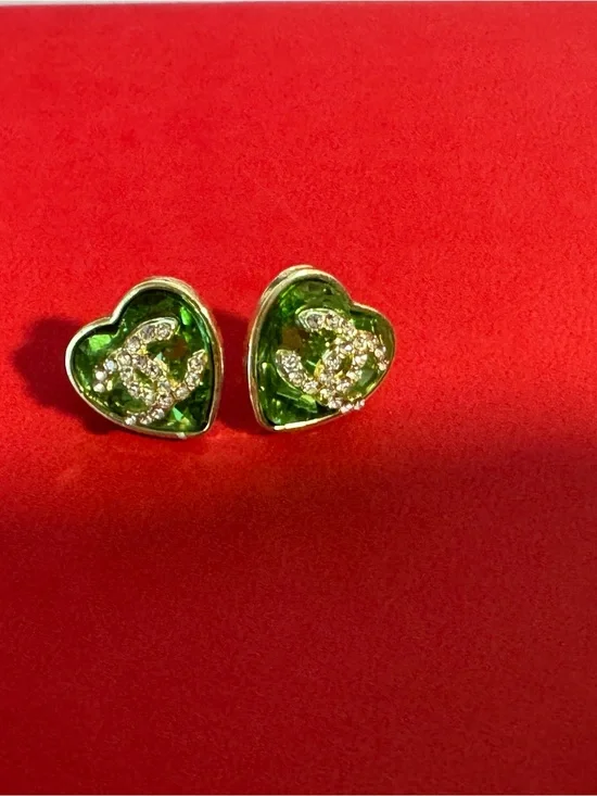 CHANEL Green Heart Crystal CC Stud Earrings