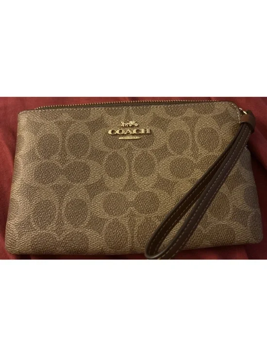Coach Tan Signature Canvas Zip Wristlet with Gold Logo