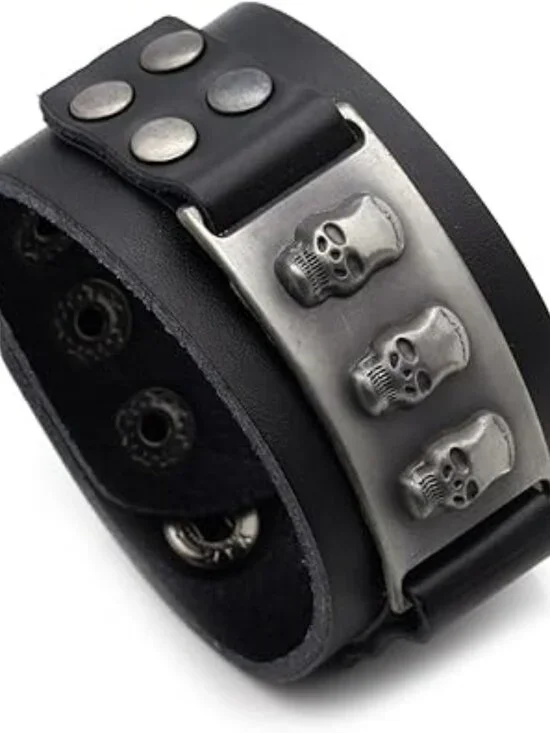 NEW Skull Hip Hop Alloy Skulls‎ Wristband Leather Cuff Bracelet 7: to 8